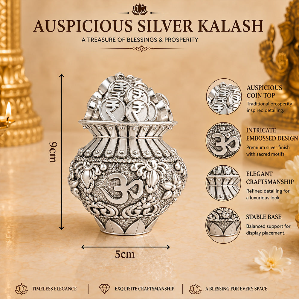 999 Silver-Plated Om Coin Kalash | Premium Gift Box | 9x5 CM