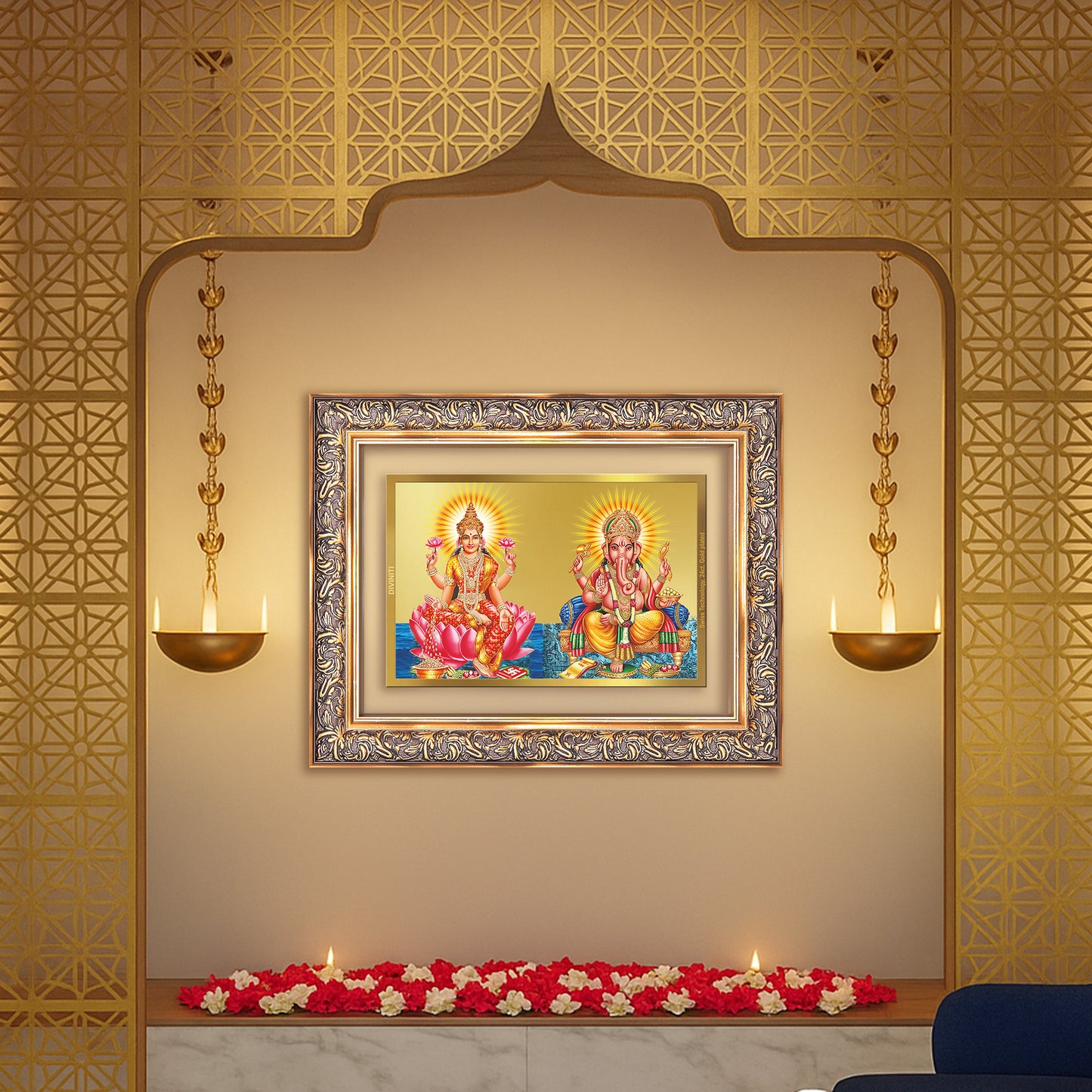 Diviniti 24K Gold Plated Lakshmi Ganesha (Classic) Divine Wall Frame for Home Mandir & Office Decor | Luxury Spiritual Gift