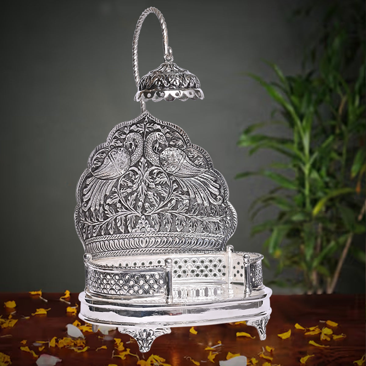 Pure Silver Singhasan Mandir Vintage Bird Design Divine Pooja Stand Handcrafted Temple Art (17x8x26 cm,669.5g )