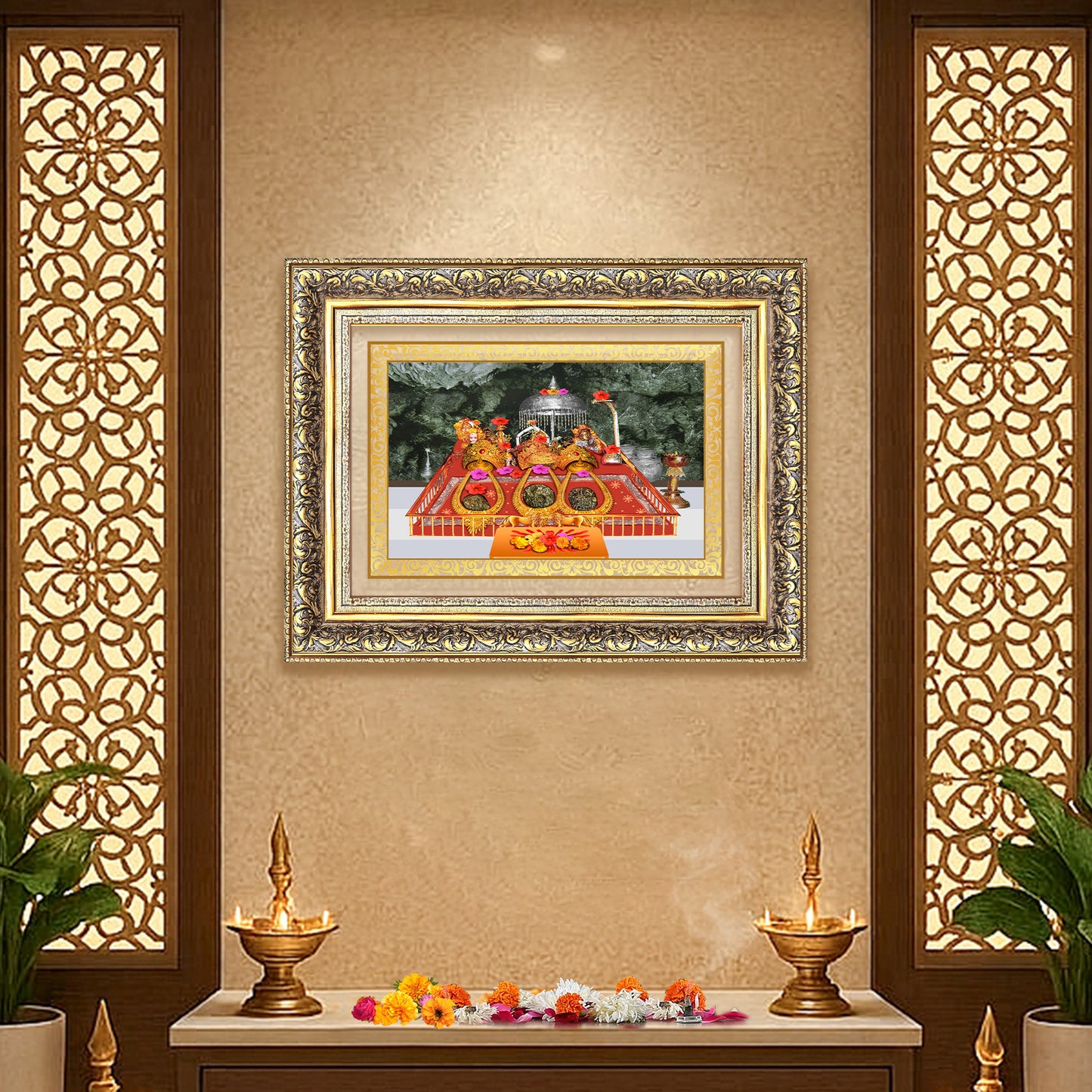 Diviniti 24K Gold Plated Mata Ka Darbar (Classic) Divine Wall Frame for Home Mandir & Office Decor | Luxury Spiritual Gift