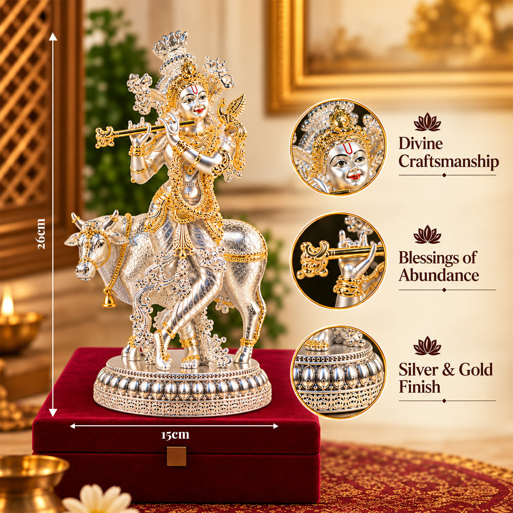 999 Silver-Plated Dual-Tone Lord Krishna with Cow Idol | Premium Gift Box | 26x15 CM