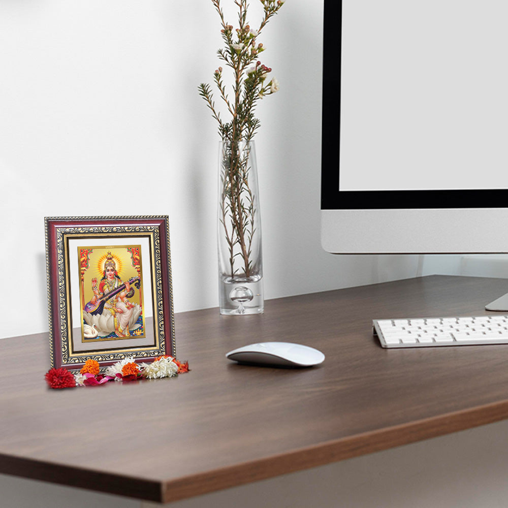 Diviniti 24K Gold Plated Saraswati Mata (Classic) Divine Wall and Table Top Frame for Home Mandir & Office Decor | Luxury Spiritual Gift