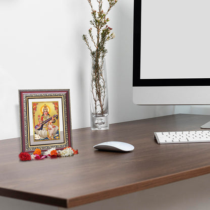 Diviniti 24K Gold Plated Saraswati Mata (Classic) Divine Wall and Table Top Frame for Home Mandir & Office Decor | Luxury Spiritual Gift