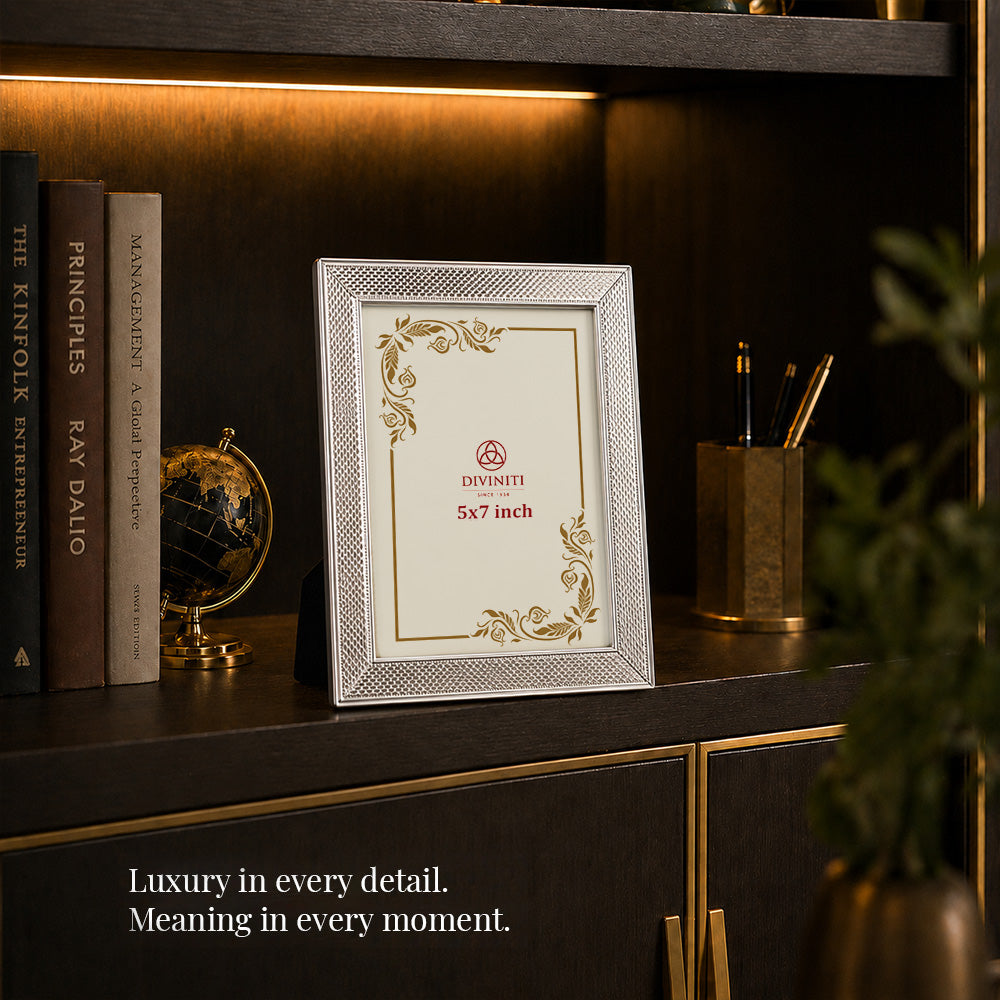 Diviniti Silver-Plated Decorative Photo Frame | Elegant Textured Tabletop Frame | 15 x 20 cm