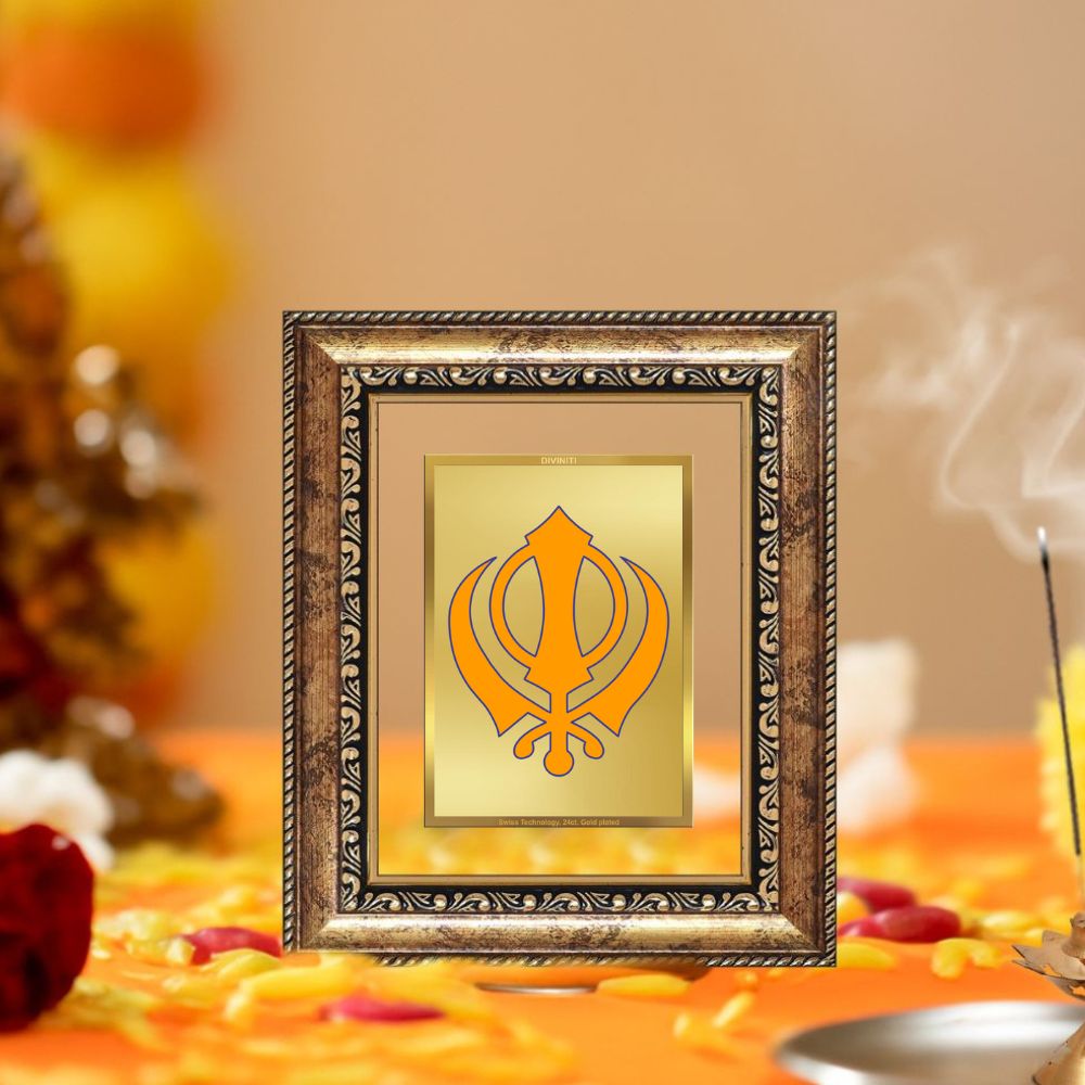 Diviniti 24K Gold Plated Khanda Sahib Divine Table Top Frame for Home Mandir & Office Decor | Luxury Spiritual Gift