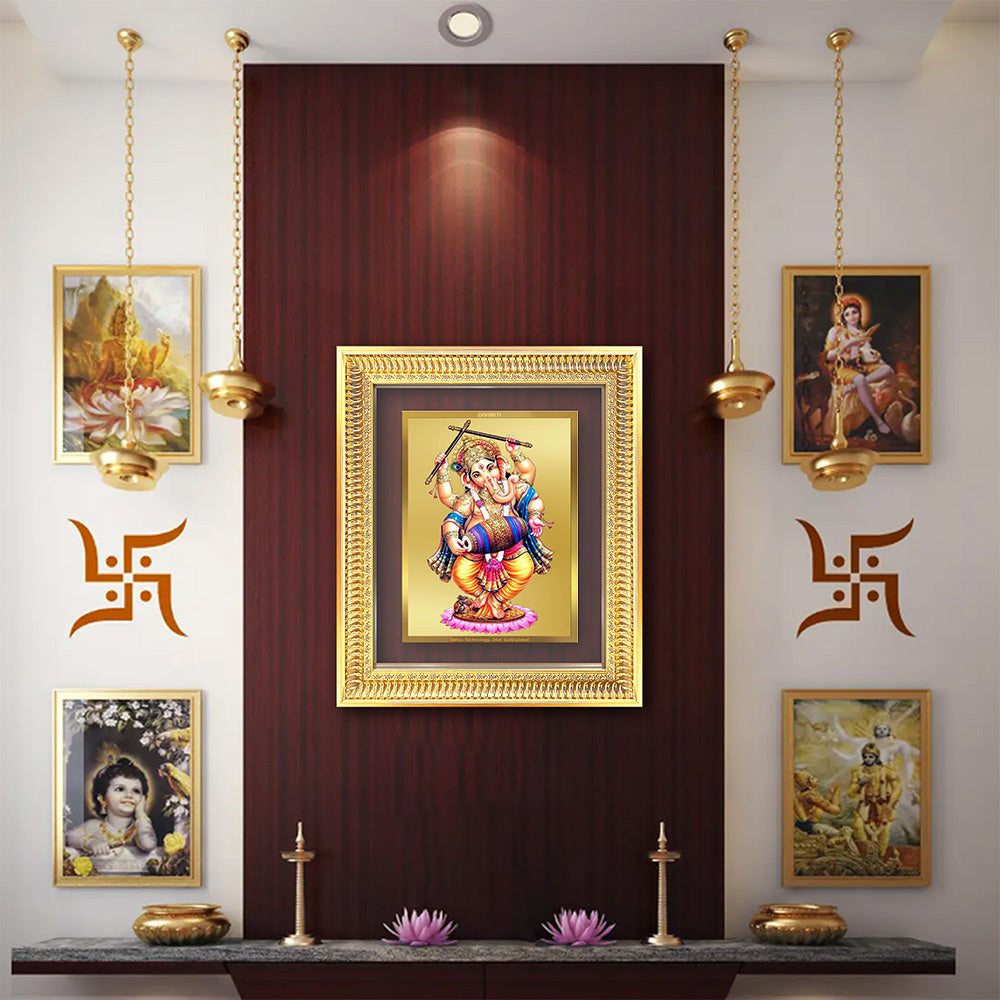 Diviniti 24K Gold Plated Dancing Ganesha (Classic) Divine Wall Frame for Home Mandir & Office Decor | Luxury Spiritual Gift