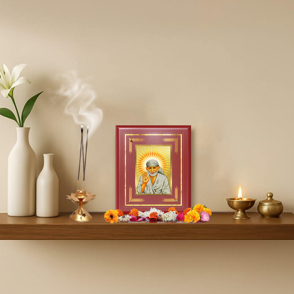Diviniti 24K Gold Plated Sai Baba Blessing Pose Tabletop Photo Frame | Faith, Peace & Divine Grace | MDF Size 1 (16x13.5 CM)