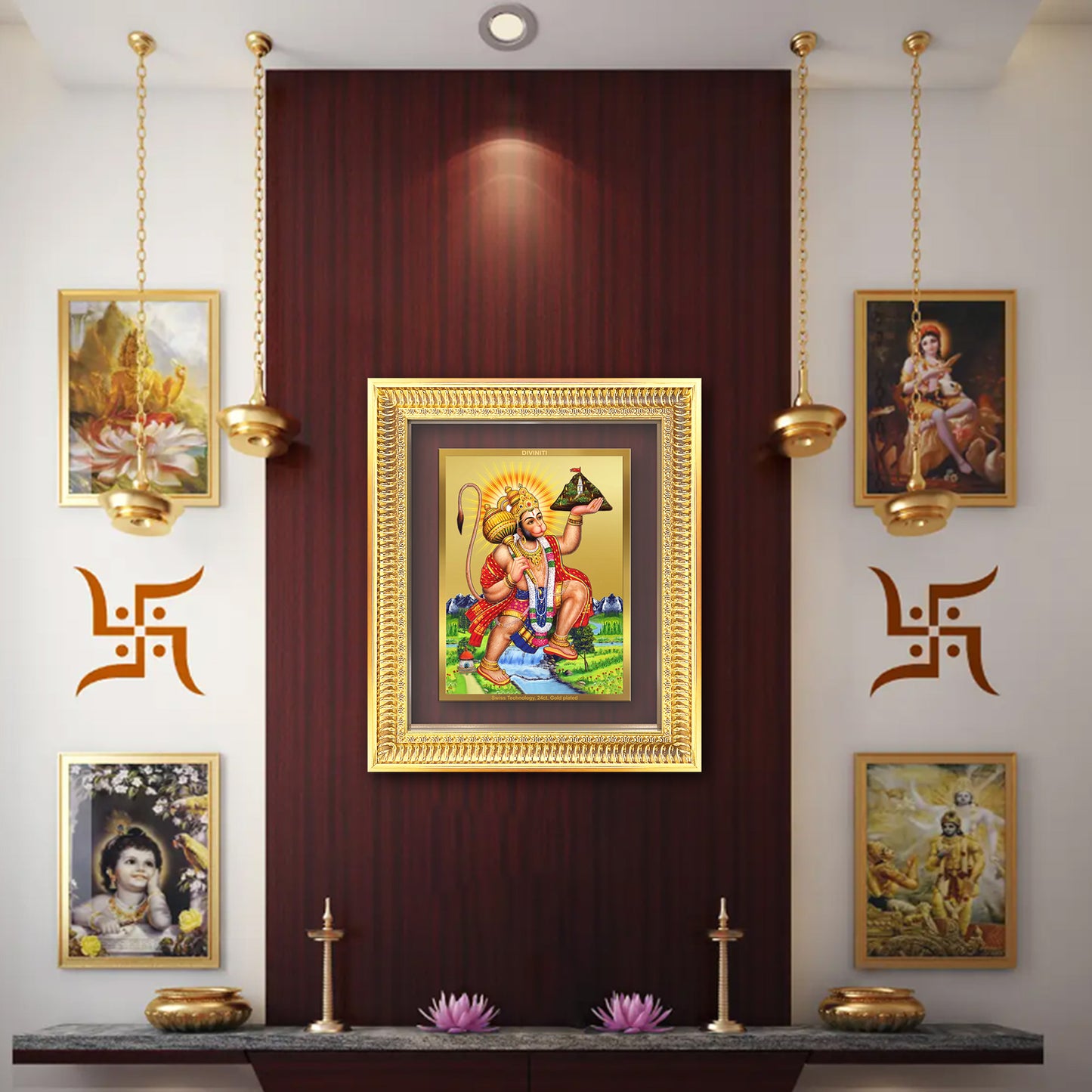 Diviniti 24K Gold Plated Hanuman With Mountain (Classic) Divine Wall Frame for Home Mandir & Office Decor | Luxury Spiritual Gift
