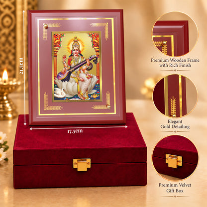 24K Gold-Plated Saraswati MDF Frame | Premium Gift Box | 22 X 18 CM