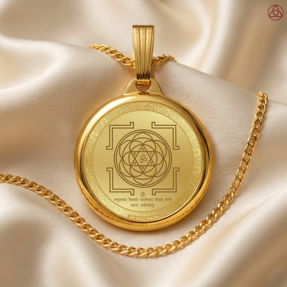 DIVINITI 24K Gold Plated Lord Murugan & Sacred Yantra Pendant – 18mm Double-Sided Spiritual Gold Pendant