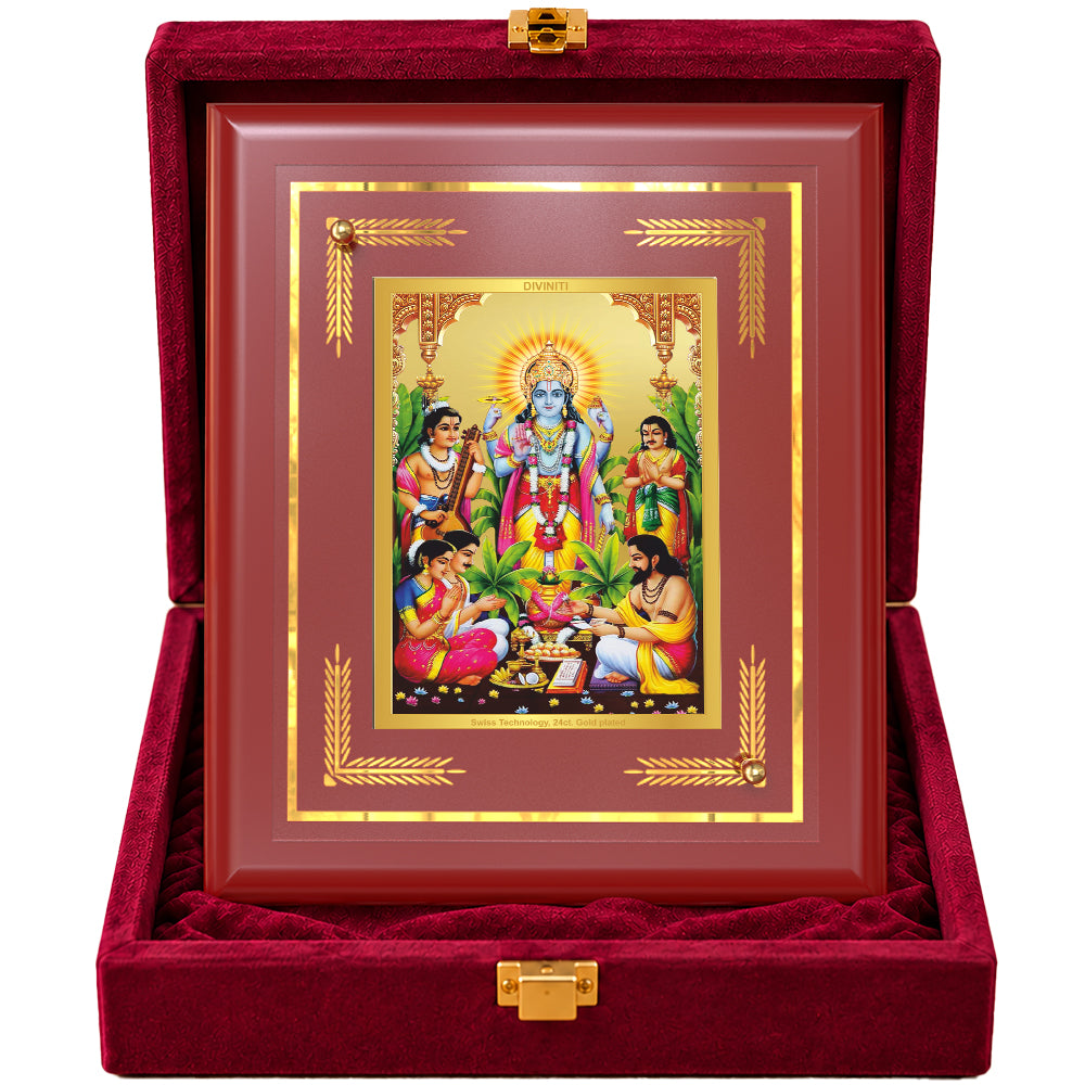 24K Gold-Plated Lord Satya Narayan MDF Frame | Premium Gift Box | 13.5x16 CM