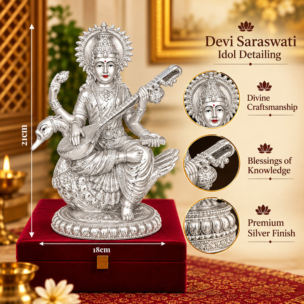 999 Silver-Plated Goddess Saraswati Idol | Premium Gift Box | 21x18 CM