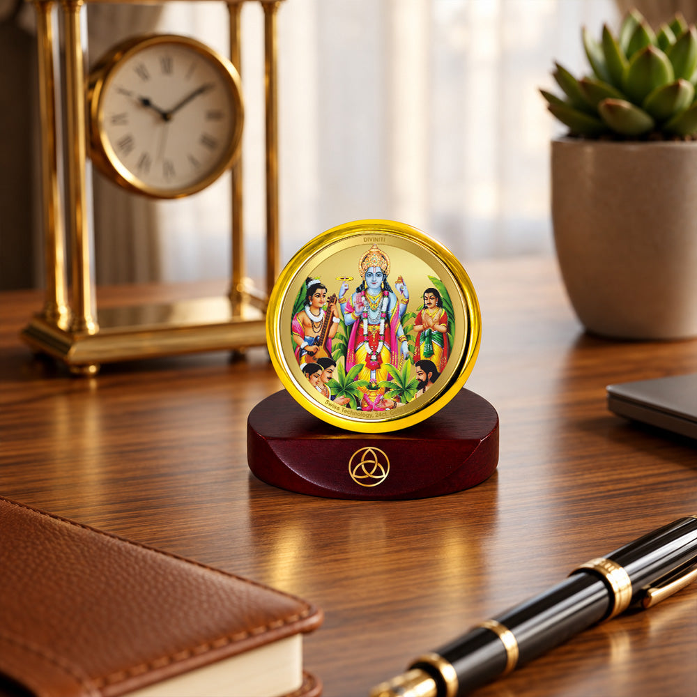 24K Gold-Plated Lord Satya Narayana Car Dashboard Frame | 5x5 CM