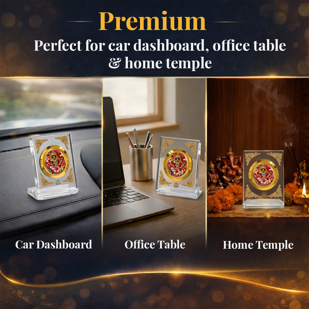 Diviniti 24K Gold Plated Katyayani Mata Acrylic Car Dashboard Frame | Goddess Katyayani for Car, Home Décor, Tabletop & Puja Room | Blessings of Strength, Courage & Protection (ACF1CH)