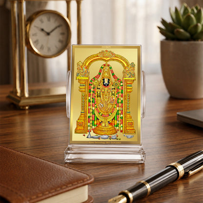 24K Gold-Plated Lord Tirupati Balaji Acrylic Car Dashboard Frame | 11x7 CM