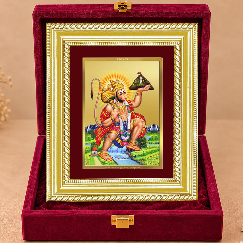 24K Gold-Plated Lord Hanuman Ji with Sanjeevani Mountain Frame | Premium Gift Box | 21.5x17.5 CM