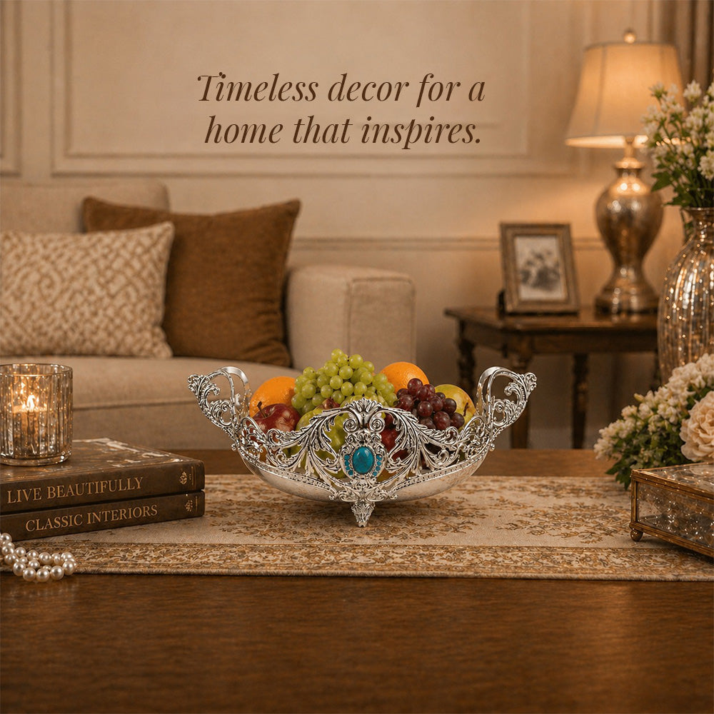 Diviniti German Silver Decorative Bowl with Turquoise Stone accent filled with fruits on a table, showcasing elegant home decor.