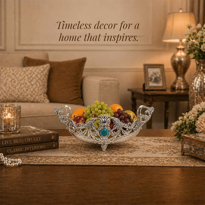 Diviniti German Silver Decorative Bowl with Turquoise Stone accent filled with fruits on a table, showcasing elegant home decor.