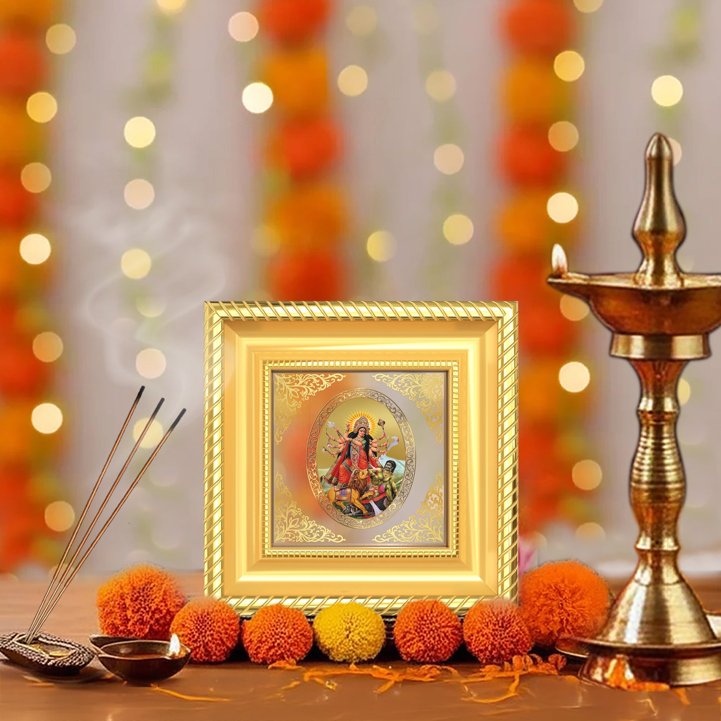 Durga Mahishasura Mardini | Divine Goddess Royal Tabletop Photo Frame in 24K Gold Plated Foil