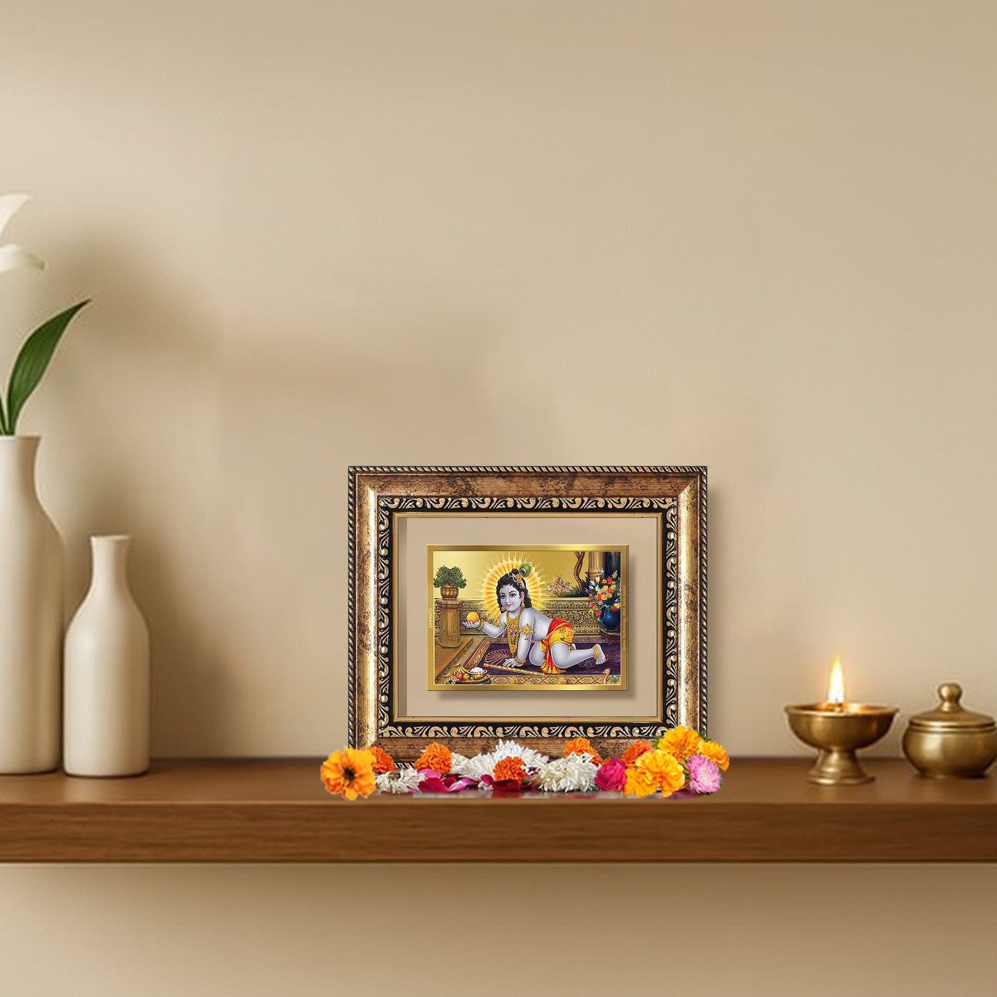 Diviniti 24K Gold Plated Laddu Gopal Divine Table Top Frame for Home Mandir & Office Decor | Luxury Spiritual Gift