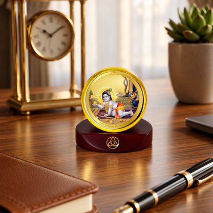 24K Gold-Plated Laddu Gopal Car Dashboard Frame | 5x5 CM
