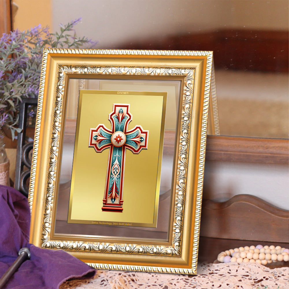 Diviniti 24K Gold Plated Holy Cross (Classic) Divine Wall and Table Top Frame for Home Mandir & Office Decor | Luxury Spiritual Gift