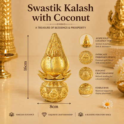 24K Gold-Plated Lakshmi Kalash with Coconut | Premium Gift Box | 16x8 CM