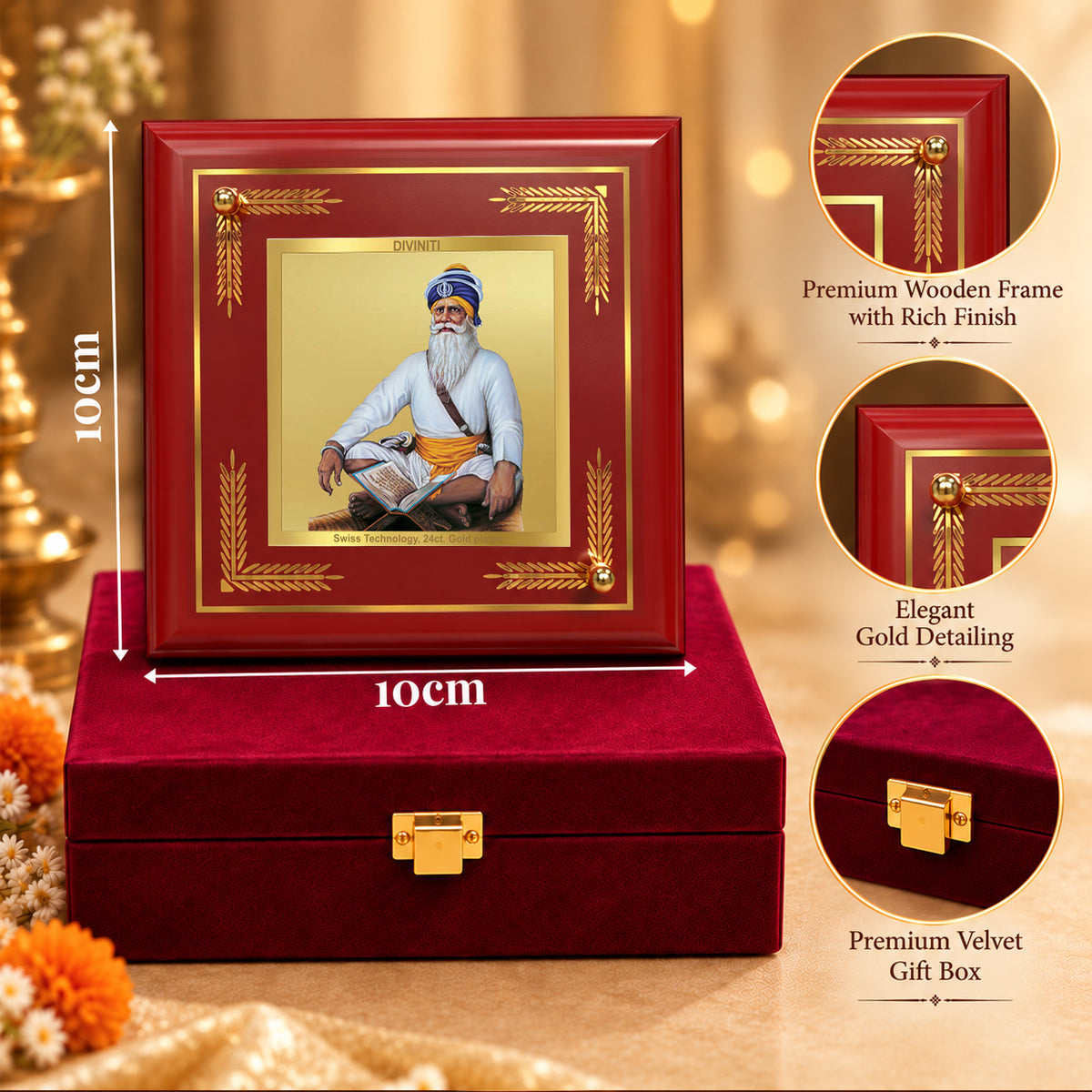 24K Gold-Plated Baba Deep Singh MDF Frame | Premium Gift Box | 10x10 CM