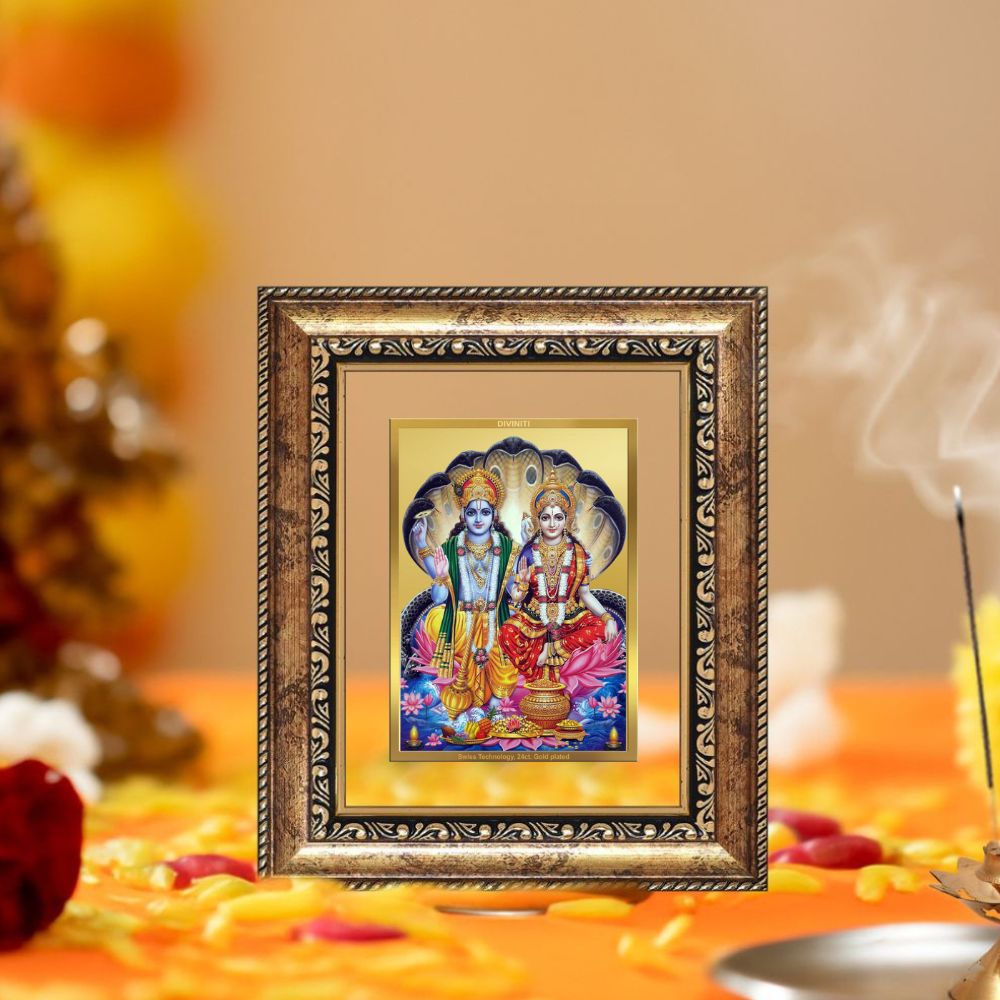Diviniti 24K Gold Plated Vishnu Lakshmi Divine Table Top Frame for Home Mandir & Office Decor | Luxury Spiritual Gift