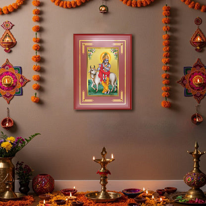 Diviniti 24K Gold Plated Lord Krishna with Surbhi Cow Blessing Tabletop Photo Frame | Love, Compassion & Divine Grace