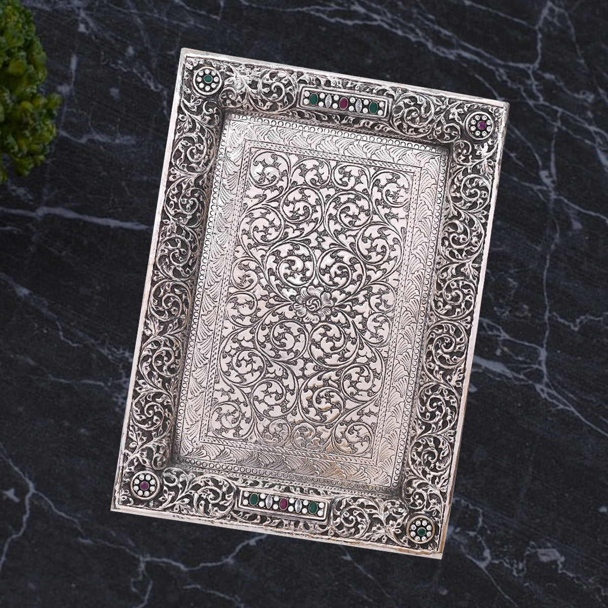 Pure Silver Serving Plate Vintage Dining Elegance, Handcrafted Tableware, Classic Silver Art (28x20 cm, 433g)