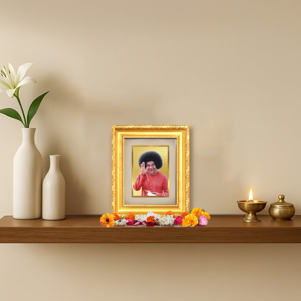 Diviniti 24K Gold Plated Satya Sai Baba |Divine Table Top Frame for Home Mandir & Office Decor | Luxury Spiritual Gift