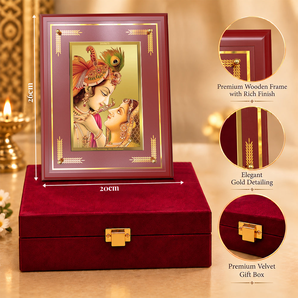 24K Gold-Plated Radha Krishna Close-Up MDF Frame | Premium Gift Box | 26x20 CM