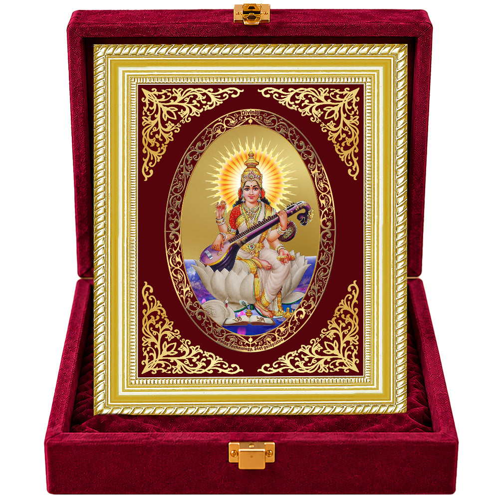 24K Gold-Plated Saraswati Mata Frame | Premium Gift Box | 26x20 CM