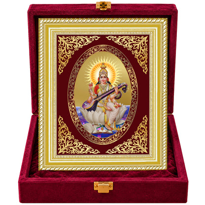 24K Gold-Plated Saraswati Mata Frame | Premium Gift Box | 26x20 CM