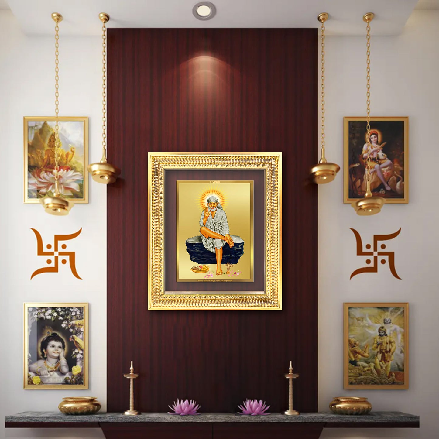 Diviniti 24K Gold Plated Sai Baba (Classic) Divine Wall Frame for Home Mandir & Office Decor | Luxury Spiritual Gift