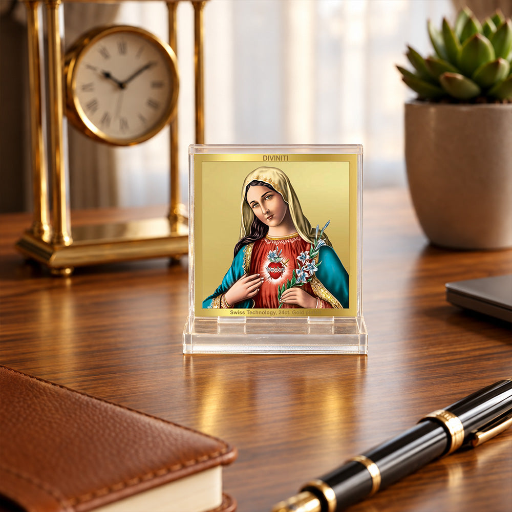 24K Gold-Plated Mother Mary Acrylic Car Dashboard Frame | 6x5 CM