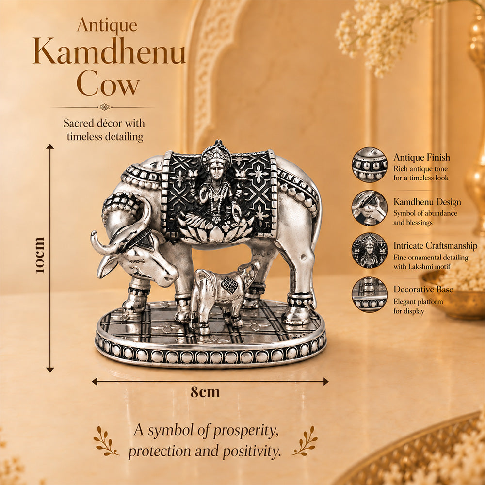 999 Silver-Plated Antique Kamdhenu Cow Idol | Premium Gift Box | 8x10 CM