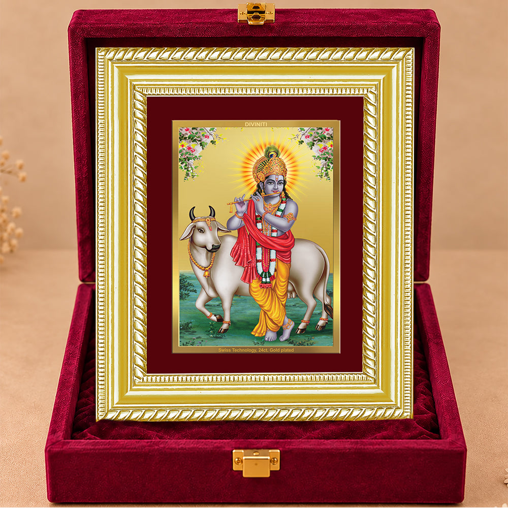 24K Gold-Plated Lord Krishna with Surbhi Cow Frame | Premium Gift Box | 21.5x17.5 CM
