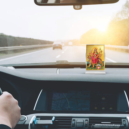 Durga Sherawali Mata with Pind | Divine Goddess Durga Car Dashboard & Tabletop Photo Frame in 24K Gold Plated Foil