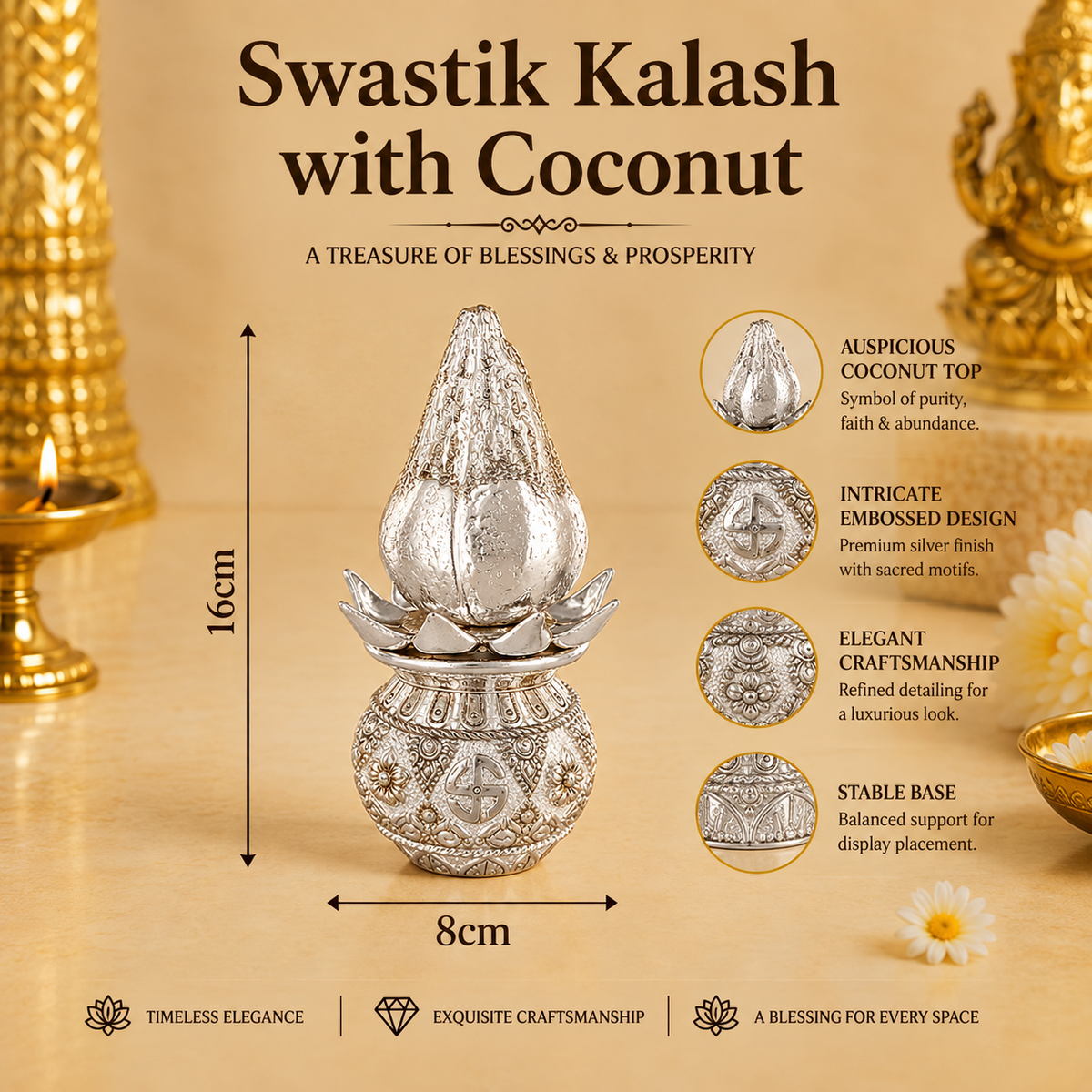 999 Silver-Plated Lakshmi Kalash with Coconut | Premium Gift Box | 16x8 CM
