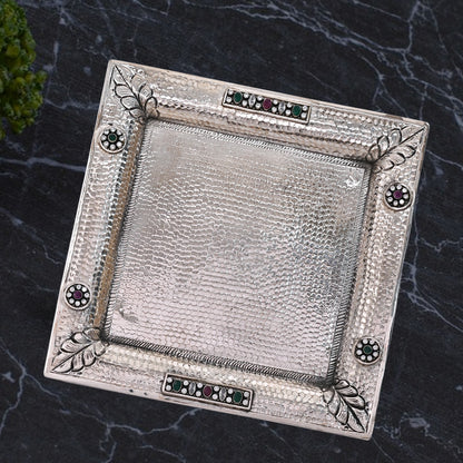Pure Silver Serving Plate Vintage Dining Elegance, Handcrafted Tableware, Classic Silver Art (20x20 cm, 327g)