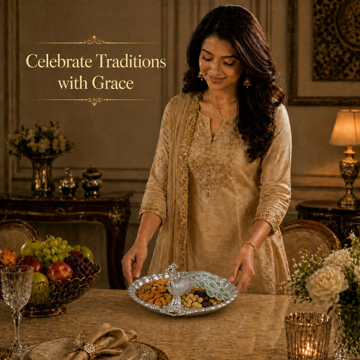 Diviniti Green Peacock German Silver Dry Fruit Bowl with Gift Box used for festive celebrations.