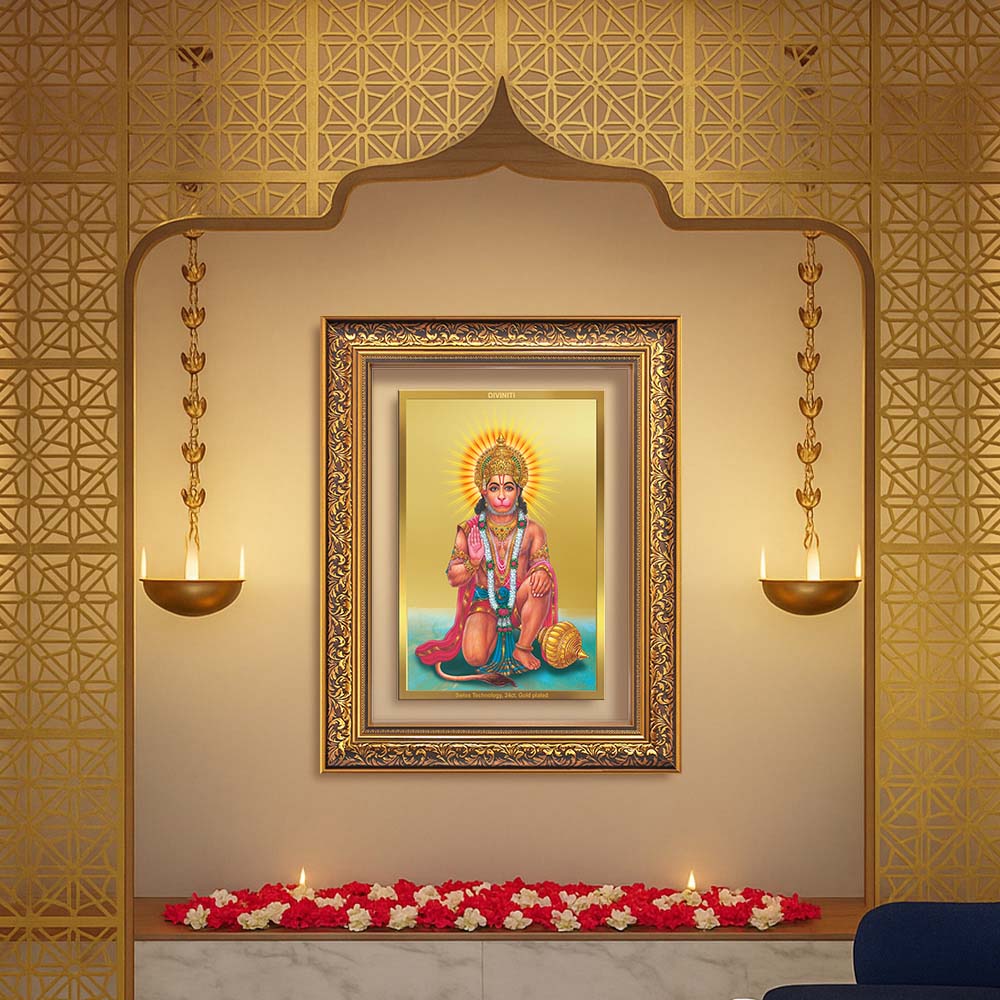 Diviniti 24K Gold Plated Ashirwad Hanuman (Classic) Divine Wall Frame for Home Mandir & Office Decor | Luxury Spiritual Gift