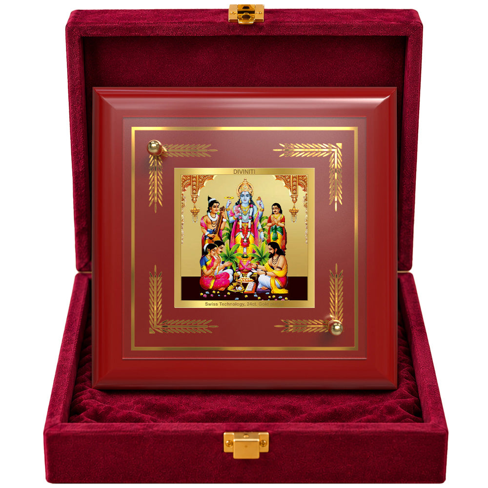 24K Gold-Plated Lord Satyanarayana MDF Frame | Premium Gift Box | 10x10 CM