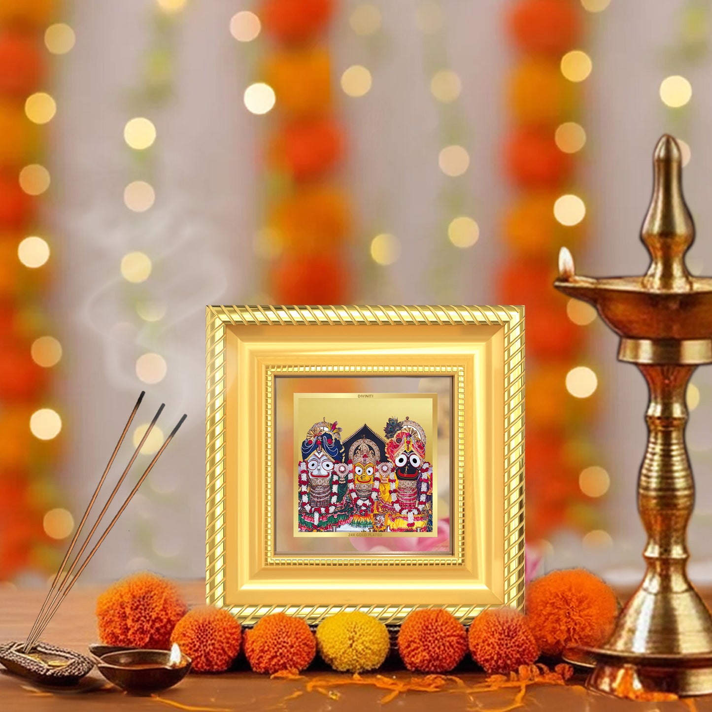 Diviniti Jagannath Subhadra Balabhadra Tabletop Photo Frame in 24K Gold Plated Foil | Devotion, Harmony & Divine Blessings | DG015S1A (10x10 CM)