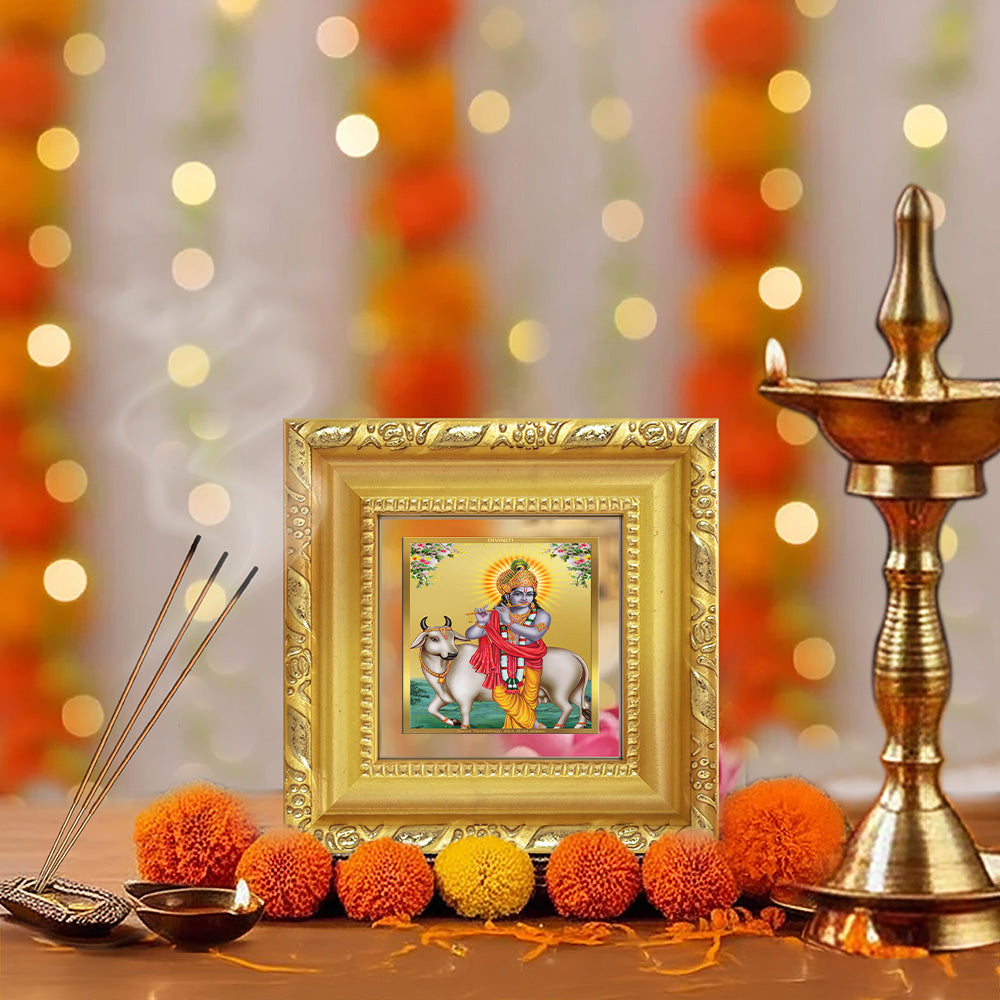 Diviniti Lord Krishna with Surbhi Cow Tabletop Photo Frame in 24K Gold Plated Foil – Compassion, Prosperity & Divine Harmony – DG103S1A (10x10 CM)
