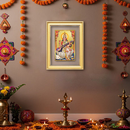 Diviniti 24K Gold Plated Saraswati Mata (Classic) Divine Wall Frame for Home Mandir & Office Decor | Luxury Spiritual Gift