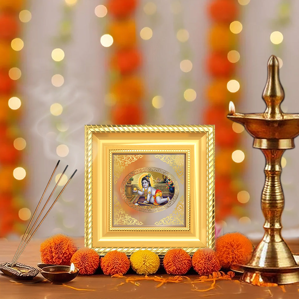 Laddu Gopal | Divine Child Krishna Royal Tabletop Photo Frame in 24K Gold Plated Foil
