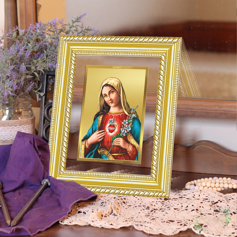 Diviniti 24K Gold Plated Mother Mary (Classic) Divine Wall and Table Top Frame for Home Mandir & Office Decor | Luxury Spiritual Gift